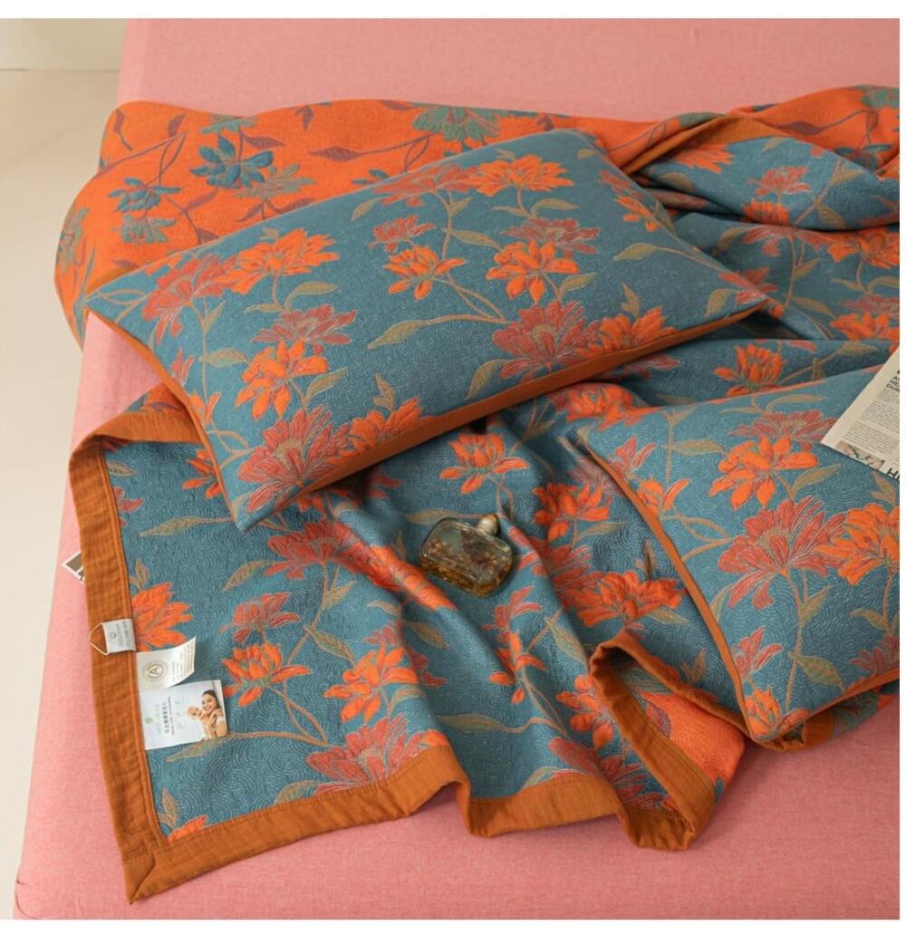Set of 2 Pillow Covers Shams Jacquard Floral Flowers Blossom Orange Green NEW